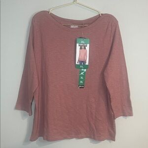 Kirkland Signature Women's Rose Mauve Salmon Boatneck 3/4 Length Sleeve Top